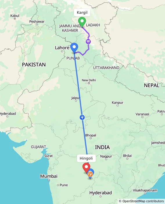 Route map showing distance and travel time from Kargil, India to Hingoli, India