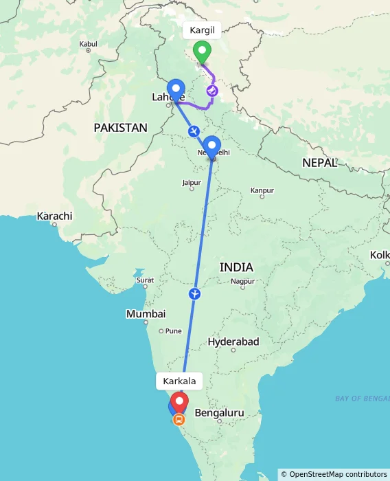 Route map showing distance and travel time from Kargil, India to Karkala, India