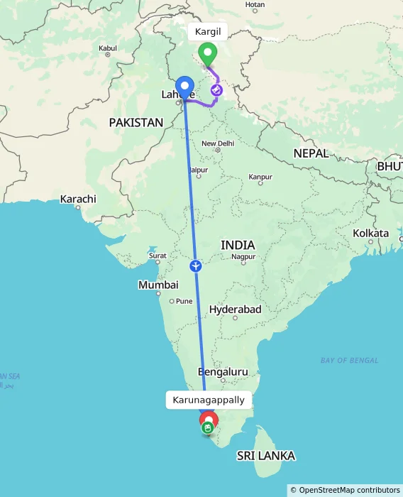 Route map showing distance and travel time from Kargil, India to Karunagappally, India