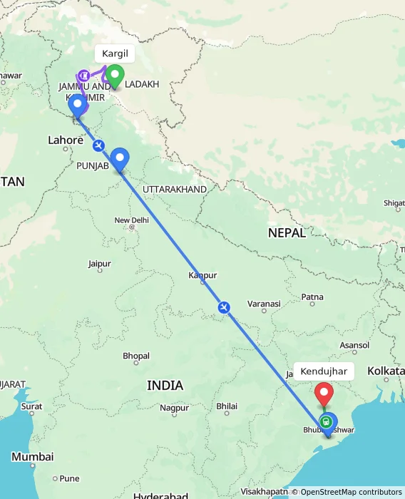 Route map showing distance and travel time from Kargil, India to Kendujhar, India