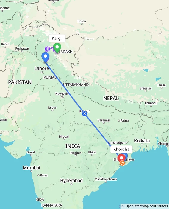 Route map showing distance and travel time from Kargil, India to Khordha, India
