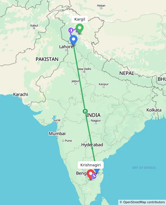 Route map showing distance and travel time from Kargil, India to Krishnagiri, India