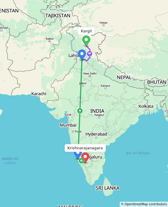 Route map showing distance and travel time from Kargil, India to Krishnarajanagara, India