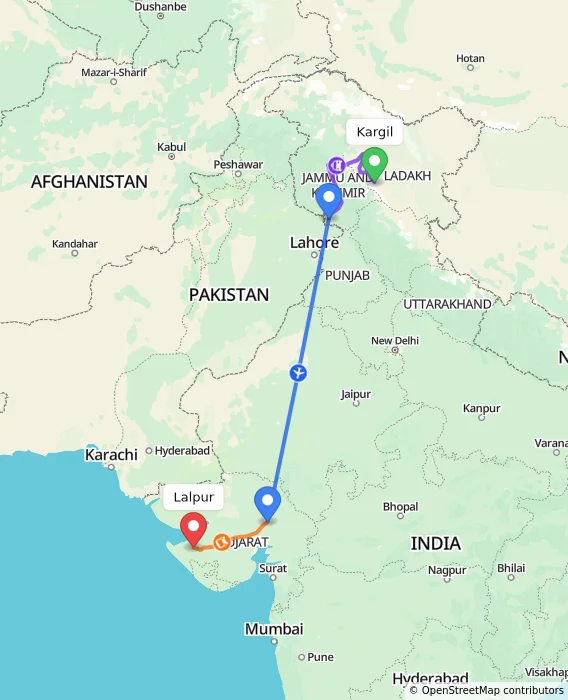 Route map showing distance and travel time from Kargil, India to Lalpur, India