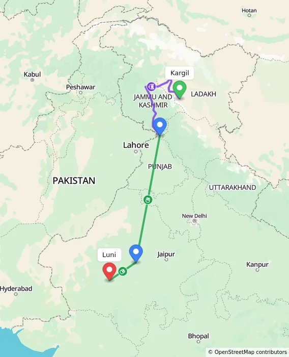 Route map showing distance and travel time from Kargil, India to Luni, India