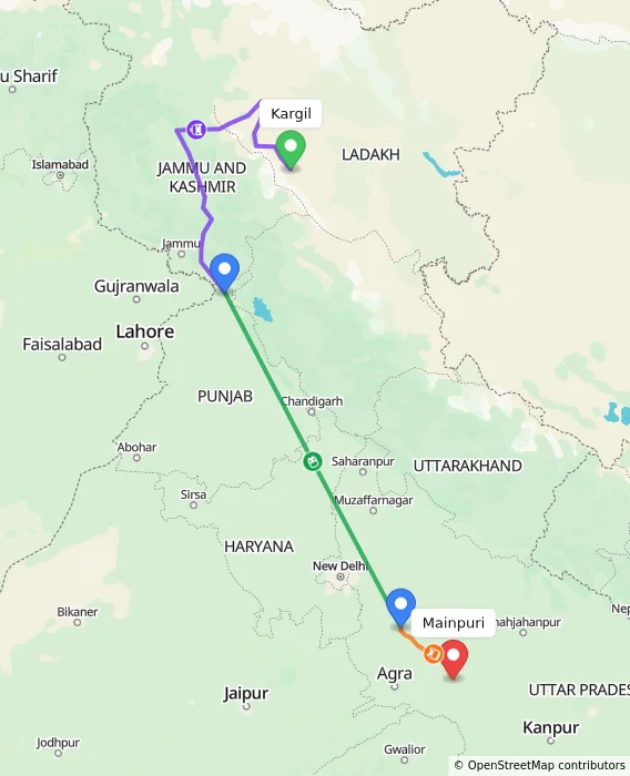 Route map showing distance and travel time from Kargil, India to Mainpuri, India