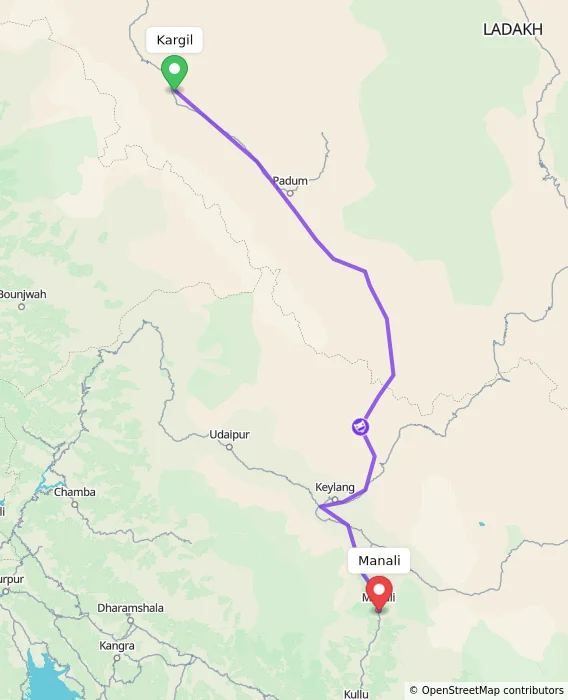 Route map showing distance and travel time from Kargil, India to Manali, India