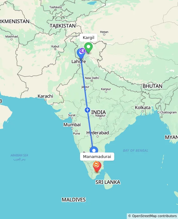 Route map showing distance and travel time from Kargil, India to Manamadurai, India