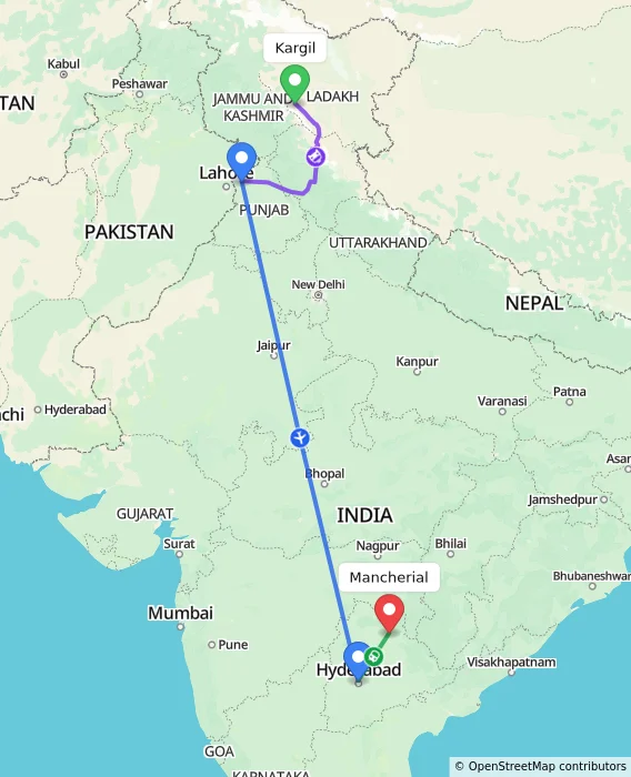 Route map showing distance and travel time from Kargil, India to Mancherial, India