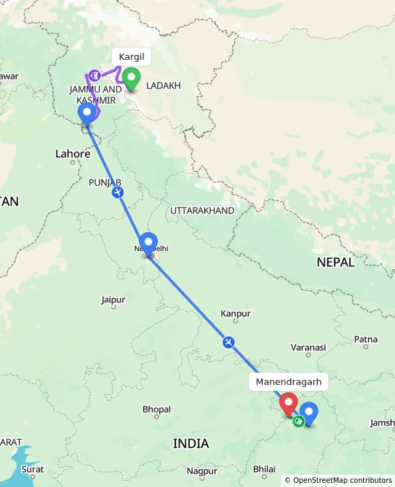 Route map showing distance and travel time from Kargil, India to Manendragarh, India