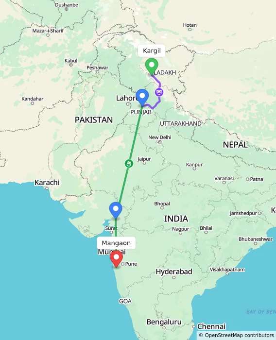 Route map showing distance and travel time from Kargil, India to Mangaon, India