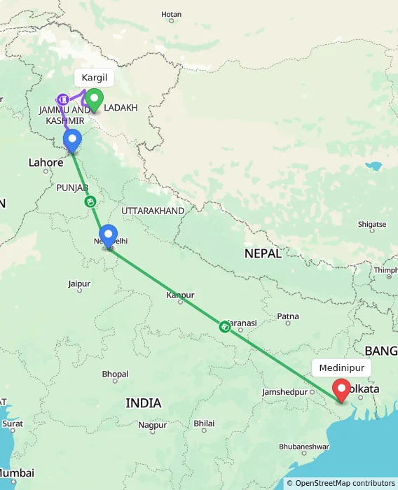 Route map showing distance and travel time from Kargil, India to Medinipur, India