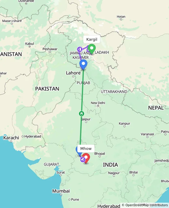 Route map showing distance and travel time from Kargil, India to Mhow, India