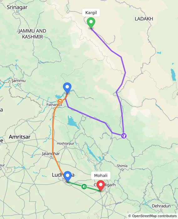 Route map showing distance and travel time from Kargil, India to Mohali, India