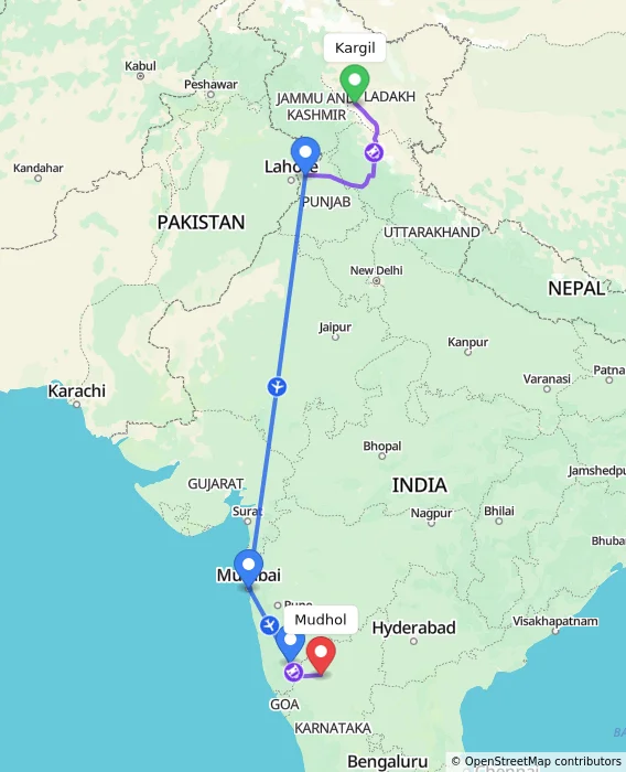 Route map showing distance and travel time from Kargil, India to Mudhol, India