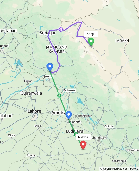 Route map showing distance and travel time from Kargil, India to Nabha, India