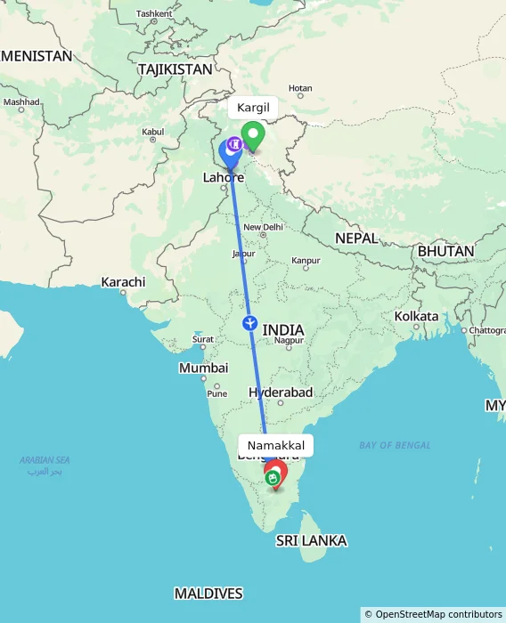 Route map showing distance and travel time from Kargil, India to Namakkal, India
