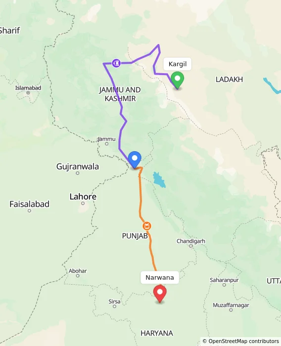 Route map showing distance and travel time from Kargil, India to Narwana, India