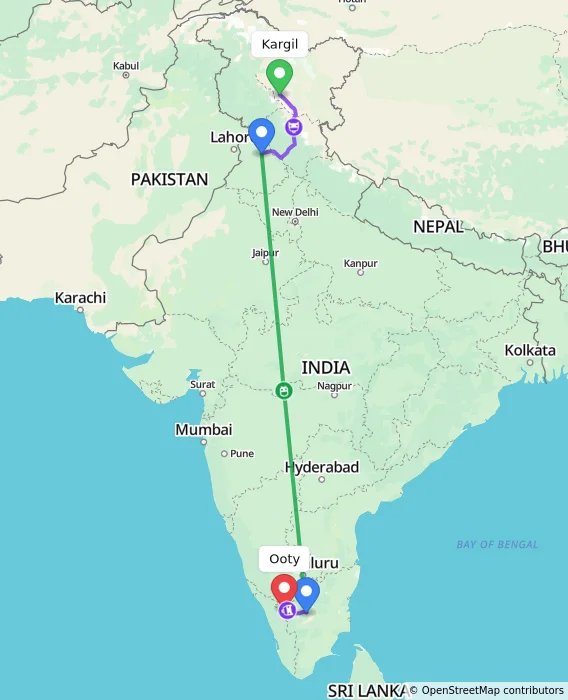 Route map showing distance and travel time from Kargil, India to Ooty, India