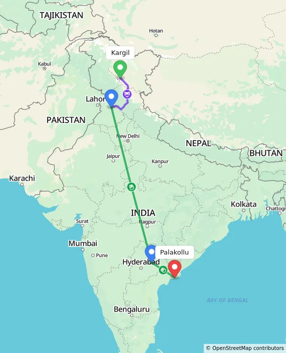 Route map showing distance and travel time from Kargil, India to Palakollu, India