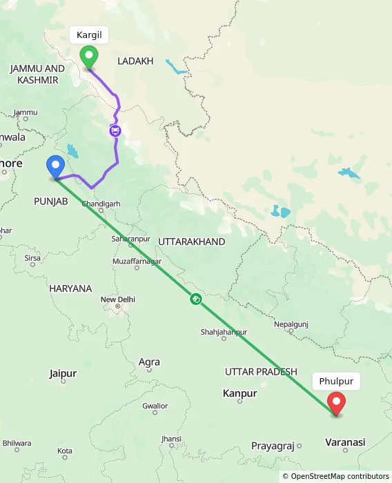 Route map showing distance and travel time from Kargil, India to Phulpur, India