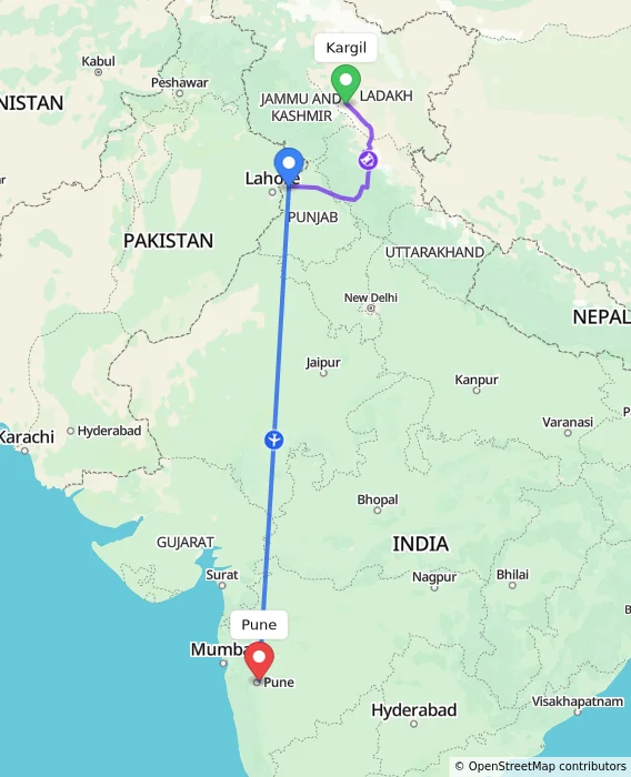 Route map showing distance and travel time from Kargil, India to Pune, India