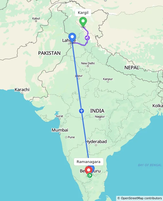 Route map showing distance and travel time from Kargil, India to Ramanagara, India