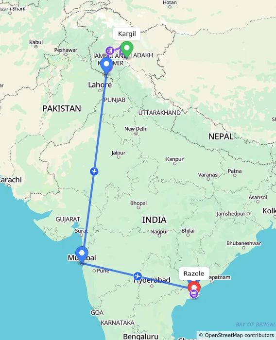 Route map showing distance and travel time from Kargil, India to Razole, India