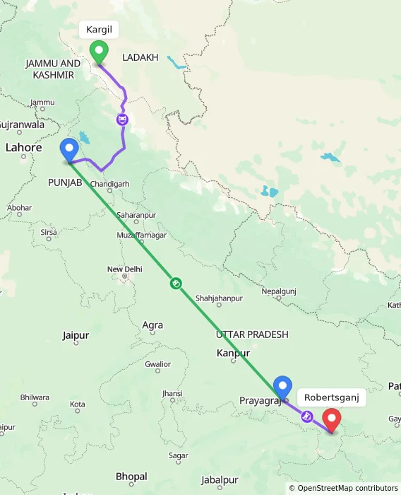Route map showing distance and travel time from Kargil, India to Robertsganj, India