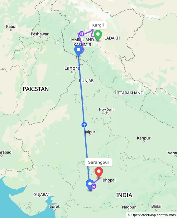 Route map showing distance and travel time from Kargil, India to Sarangpur, India