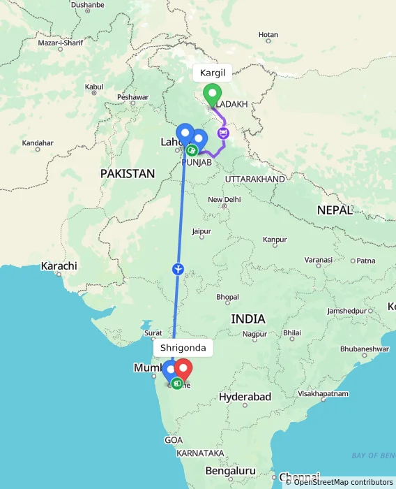 Route map showing distance and travel time from Kargil, India to Shrigonda, India