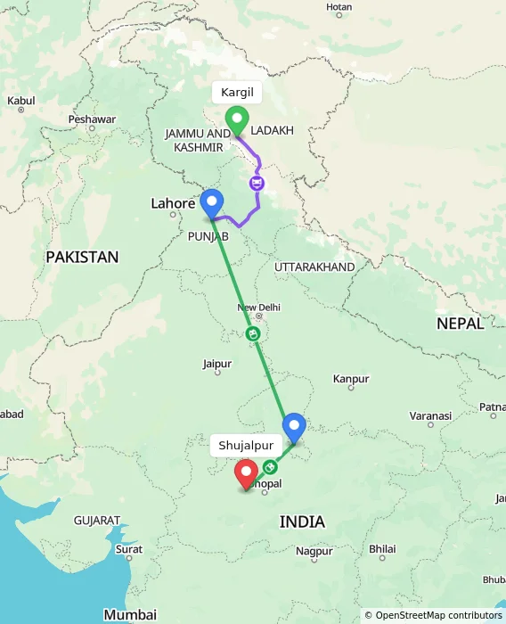 Route map showing distance and travel time from Kargil, India to Shujalpur, India