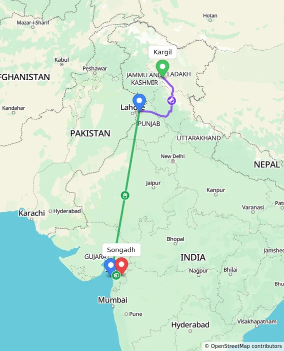 Route map showing distance and travel time from Kargil, India to Songadh, India