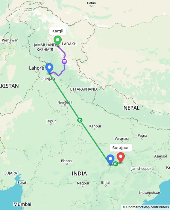 Route map showing distance and travel time from Kargil, India to Surajpur, India