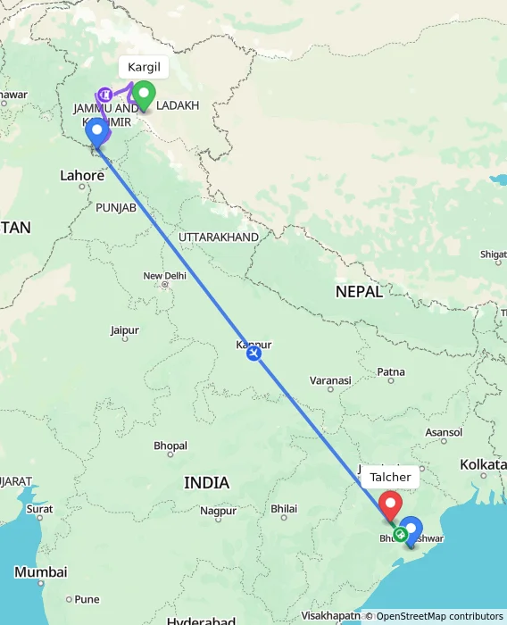 Route map showing distance and travel time from Kargil, India to Talcher, India
