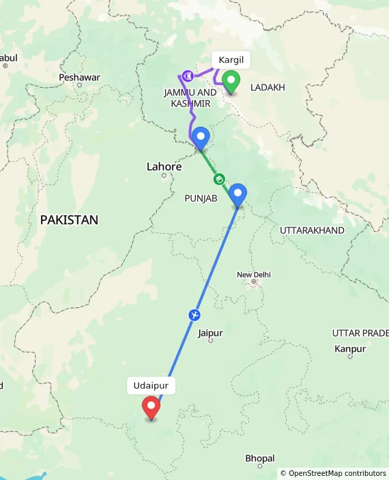Route map showing distance and travel time from Kargil, India to Udaipur, India
