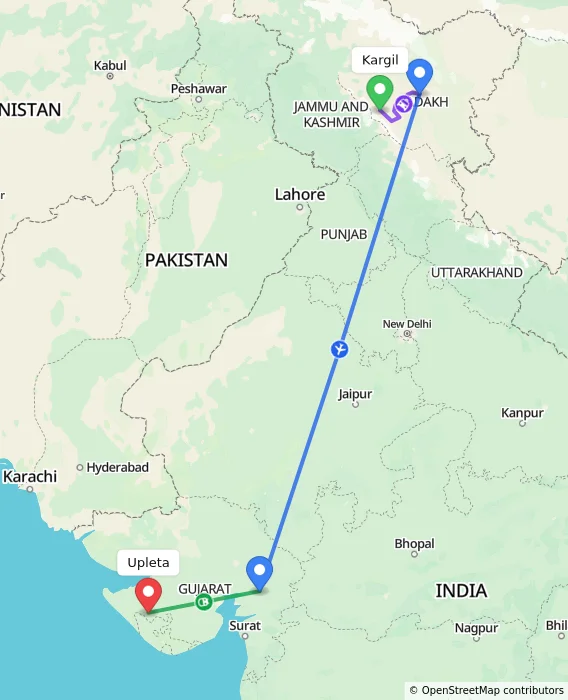 Route map showing distance and travel time from Kargil, India to Upleta, India