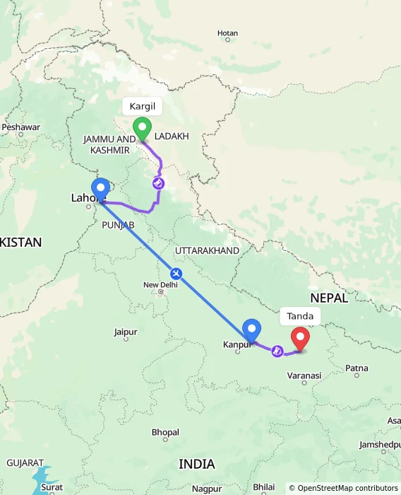 Route map showing distance and travel time from Kargil, India to Tanda, India