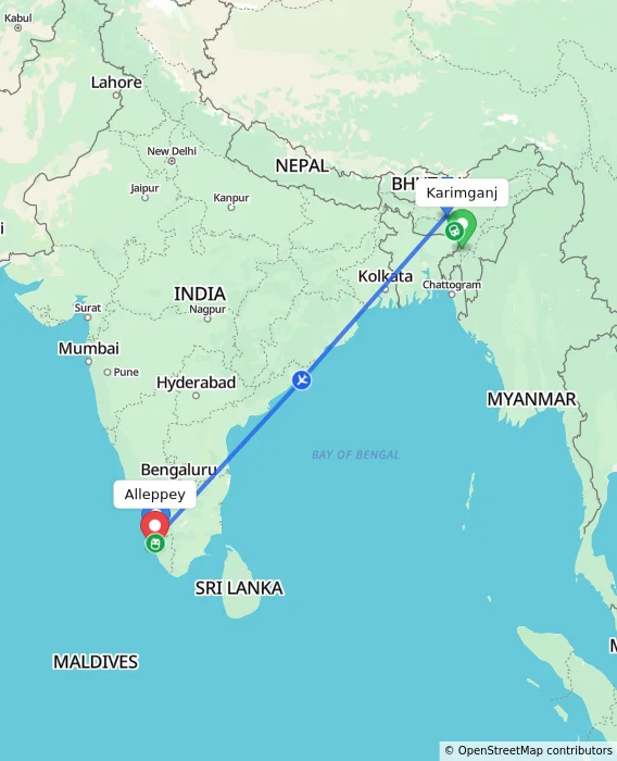 Route map showing distance and travel time from Karimganj, India to Alleppey, India