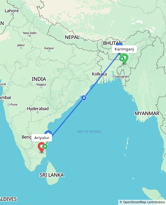 Route map showing distance and travel time from Karimganj, India to Ariyalur, India