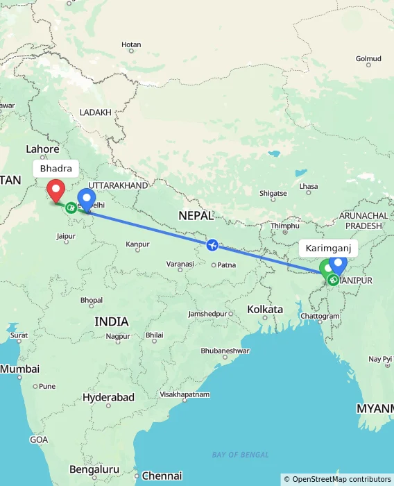 Route map showing distance and travel time from Karimganj, India to Bhadra, India