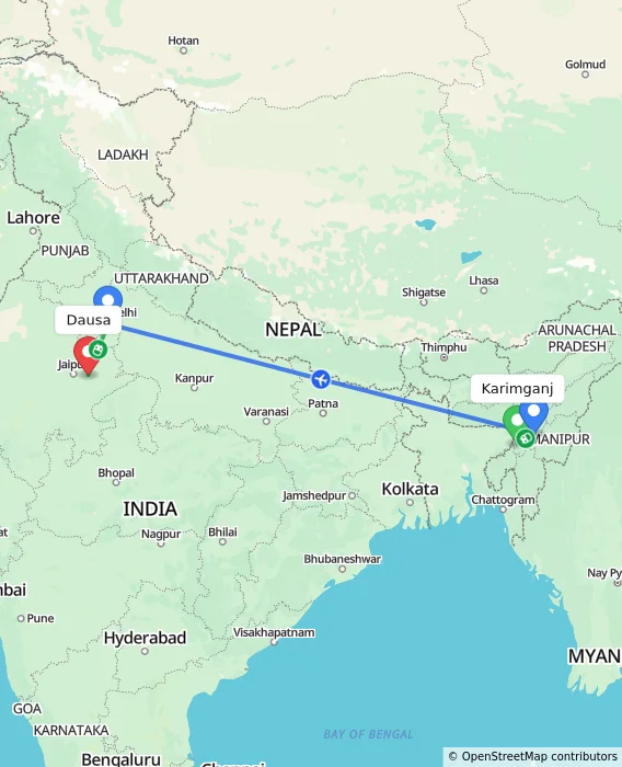 Route map showing distance and travel time from Karimganj, India to Dausa, India