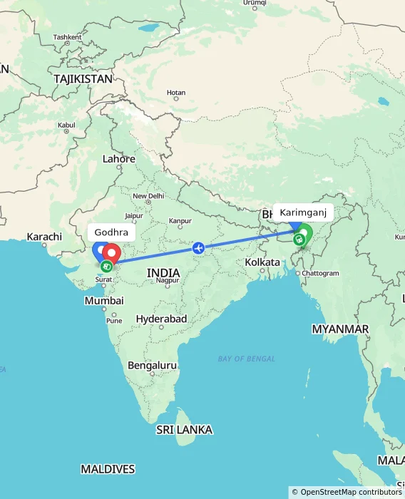 Route map showing distance and travel time from Karimganj, India to Godhra, India