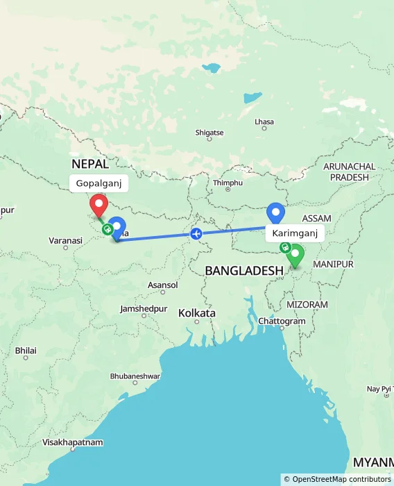 Route map showing distance and travel time from Karimganj, India to Gopalganj, India