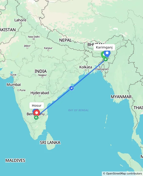 Route map showing distance and travel time from Karimganj, India to Hosur, India