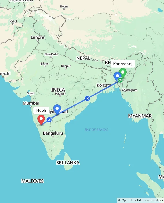 Route map showing distance and travel time from Karimganj, India to Hubli, India