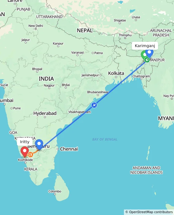 Route map showing distance and travel time from Karimganj, India to Iritty, India