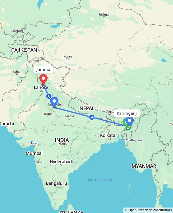 Route map showing distance and travel time from Karimganj, India to Jammu, India