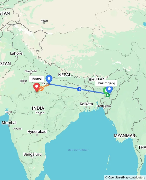 Route map showing distance and travel time from Karimganj, India to Jhansi, India