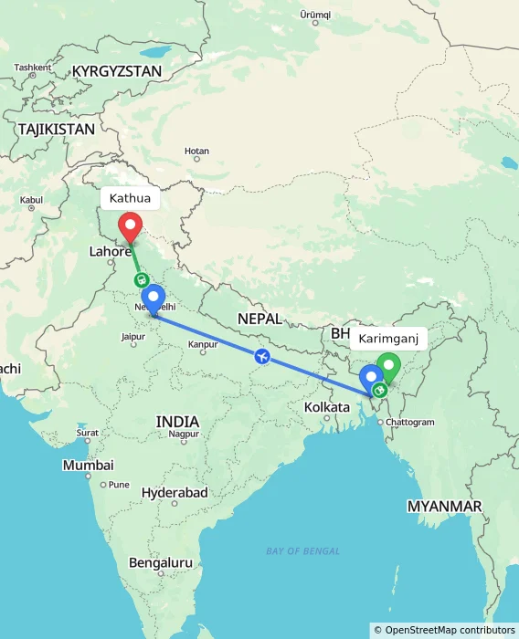 Route map showing distance and travel time from Karimganj, India to Kathua, India